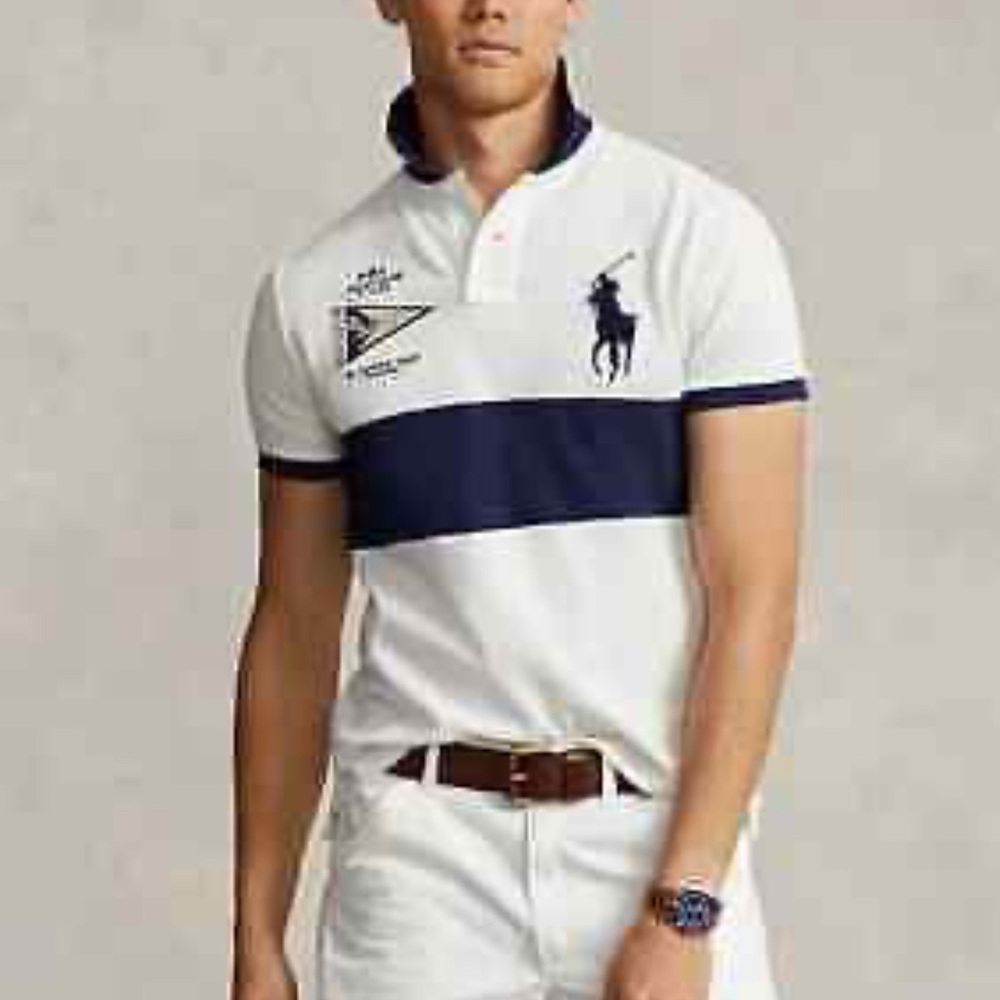 Men's White Polo Shirt with Navy Accents large